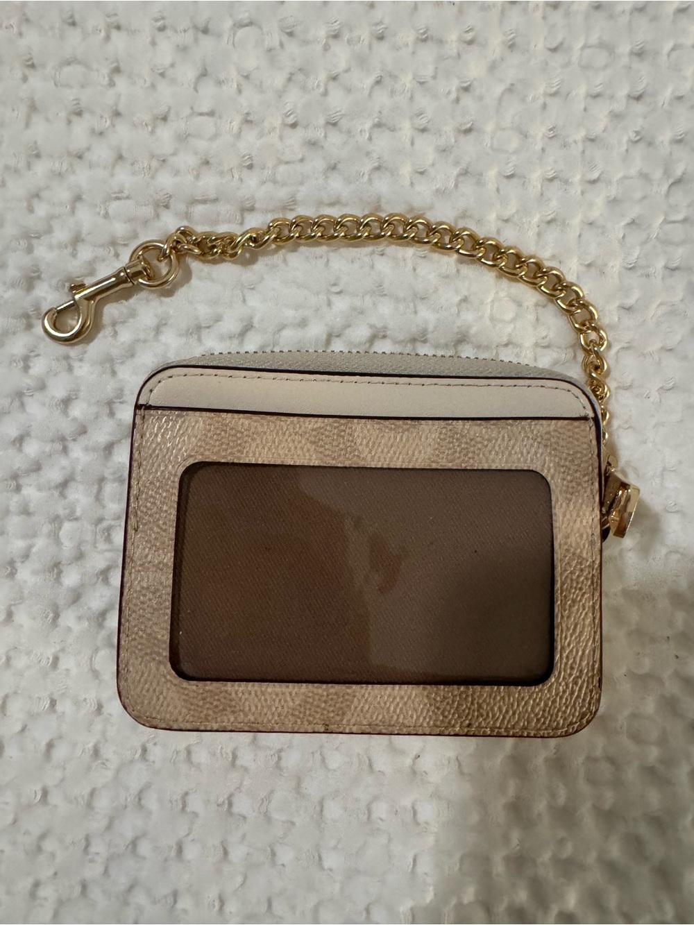 Coach Signature Beige Card Case with Gold Chain Attachment - Picture 3 of 4